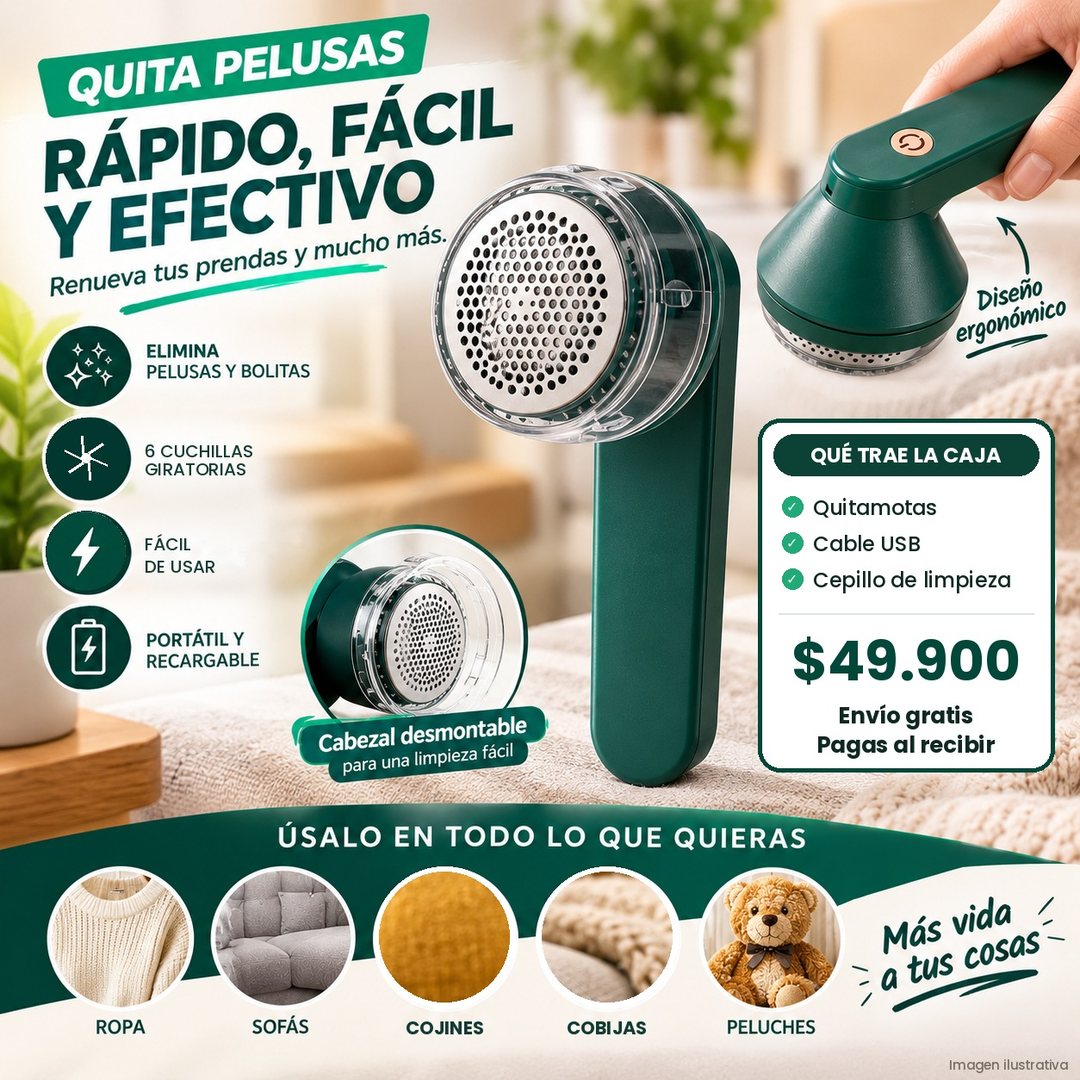 Quitamotas eléctrico verde, cabezal desmontable y lo que trae la caja